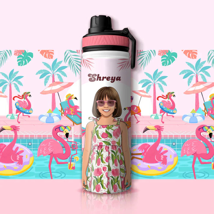 Personalized Kids Stainless Steel Water Bottle with Custom Name & Cartoon Avatar | Leak-Proof School Bottle