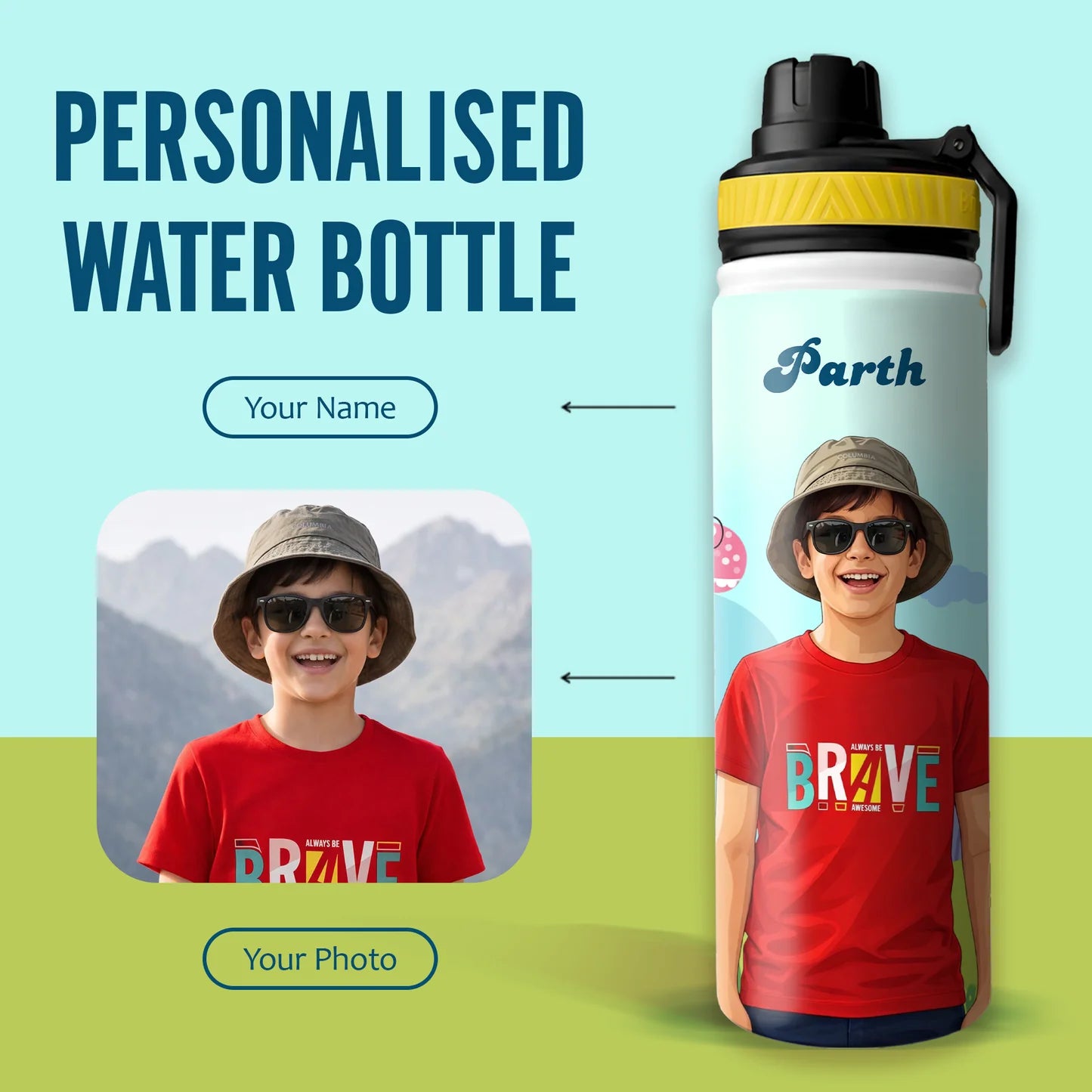 Personalized Kids Stainless Steel Water Bottle with Custom Name & Cartoon Avatar | Leak-Proof School Bottle
