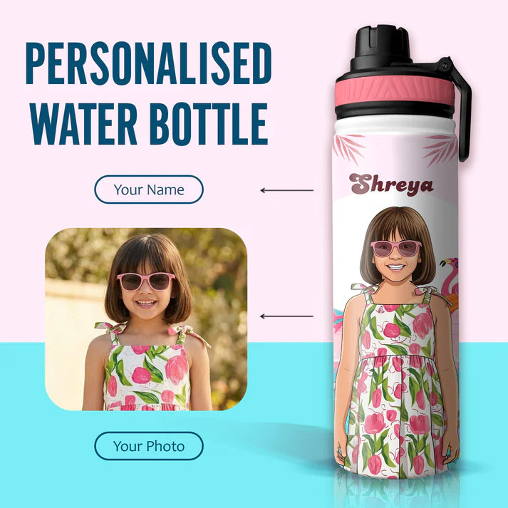 Personalized Kids Stainless Steel Water Bottle with Custom Name & Cartoon Avatar | Leak-Proof School Bottle