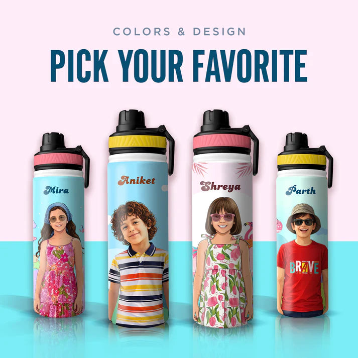 Personalized Kids Stainless Steel Water Bottle with Custom Name & Cartoon Avatar | Leak-Proof School Bottle