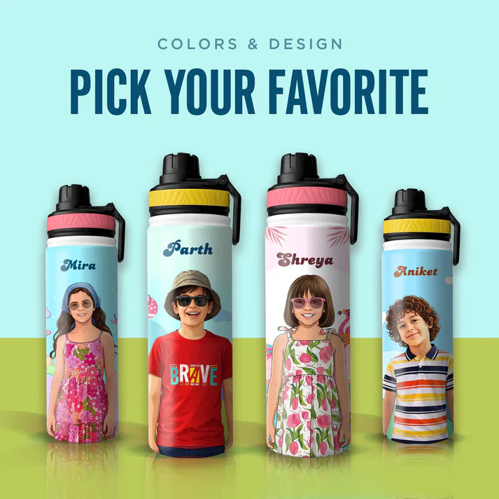 Personalized Kids Stainless Steel Water Bottle with Custom Name & Cartoon Avatar | Leak-Proof School Bottle