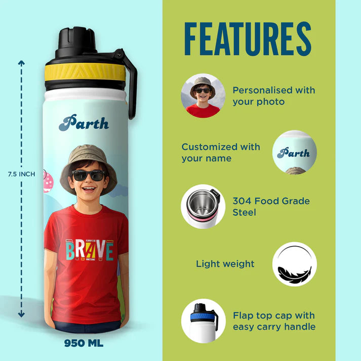 Personalized Kids Stainless Steel Water Bottle with Custom Name & Cartoon Avatar | Leak-Proof School Bottle