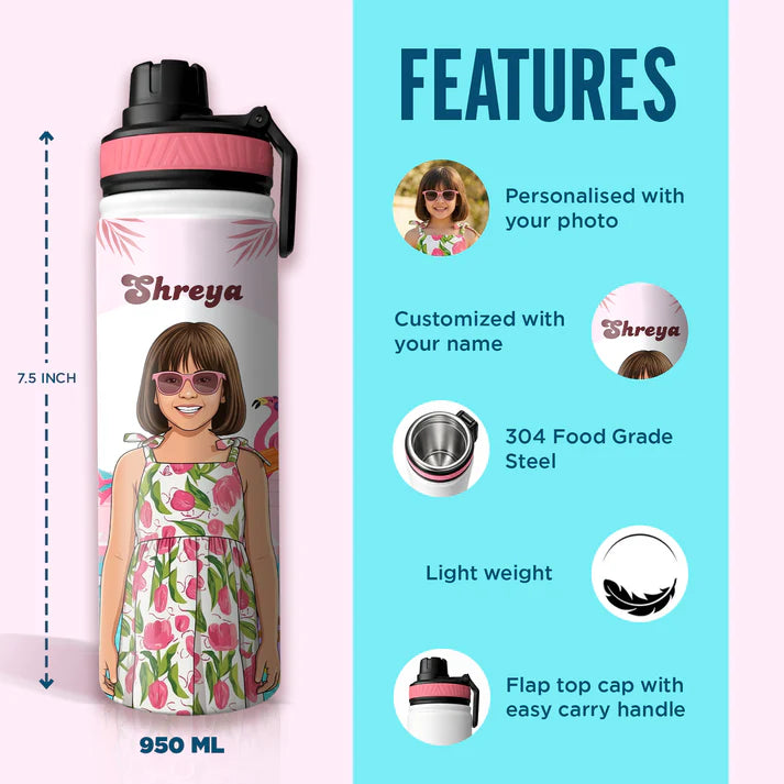 Personalized Kids Stainless Steel Water Bottle with Custom Name & Cartoon Avatar | Leak-Proof School Bottle